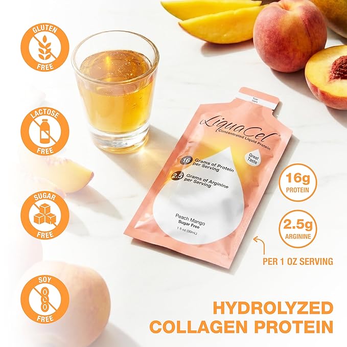 LiquaCel Concentrated Liquid Protein Peach Mango Flavor 16g Hydrolyzed Collagen Protein and 2.5g Arginine Per Single-Serving Packet Sugar &amp Gluten Free 1fl oz Packets 100ct Case