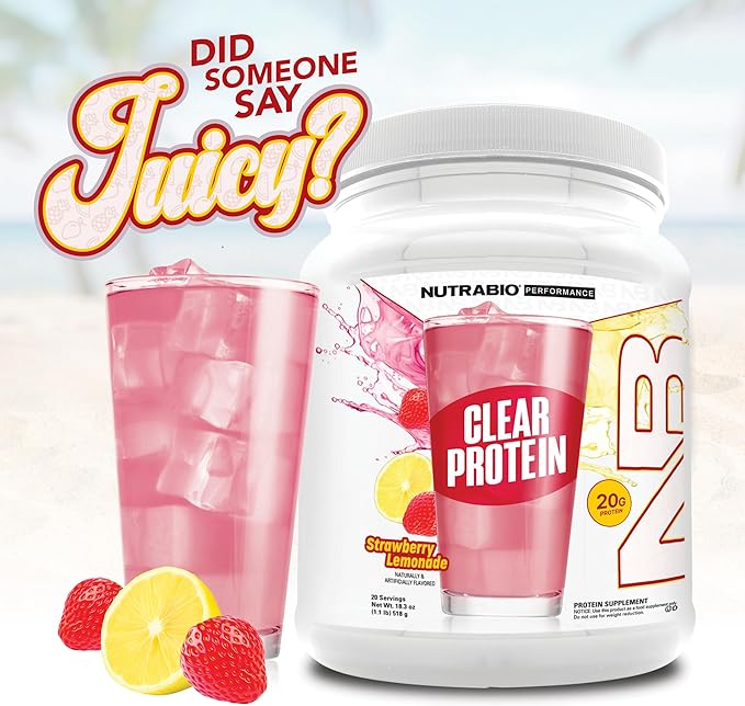 NutraBio Clear Protein Powder Strawberry Lemonade - 20 Servings 20g Clear Whey Protein Isolate 0 Sugar 0g Lactose Refreshing Fruit Flavors GLP1 Support -Bone Health -Muscle Post Workout Recovery