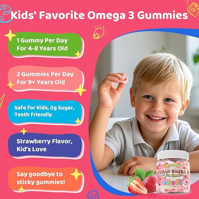 Kids Omega 3 Gummies for 4+ with DHA Vitamins D3 K2 C B6 Methyl B12 Luetin &amp PS No Fish Taste Sugar Free Omega 3 Fish Oil Alternative for Children for Brain Bone Eyes Focus Immunity 60Cts