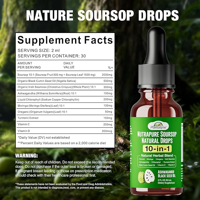 Nutrapure Soursop Herbal Drops with Sea Moss Ashwagandha &amp Moringa 10-in-1 Liquid Supplement for Immune Support Antioxidant Properties Gut Health Maintenance and Cardiovascular Wellness 2 pac