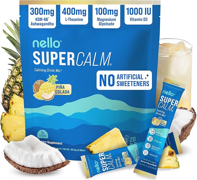 Nello Supercalm Powdered Drink Mix Cortisol Reducer* and Sleep Aid Supplement L Theanine Ksm-66 Ashwagandha Magnesium Glycinate Vitamin D 3 No Sugar Non GMO On The Go 20 Ct Pina Colada