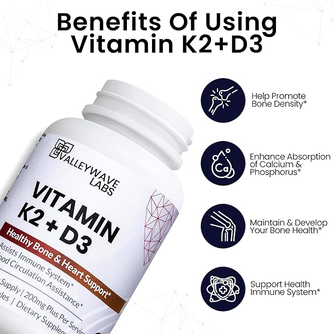 Vitamin D3 K2 Capsules - 2-in-1 Vitamin K2 MK7 100 mcg + VIT D3 5000 IU (125 mcg) Dietary Supplement for Supporting Bone Teeth Muscle and Immune Health Support* 60 Count