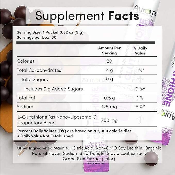 Aurora Nutrascience Nano-Liposomal Glutathione Grape Powdered Drink Mix Immune &amp Antioxidant Gut Health Support Supplement 750 mg per Serving Non-GMO Sugar-Free 30 Single Serve Packets