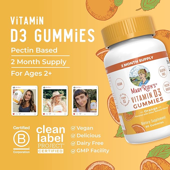 MaryRuth Organics Vitamin D3 Gummies | 2 Month Supply | Adults &amp Kids Vitamin D Gummy | Immune Support Supplement | VIT D3 1000IU for Bone Health&ampMuscle Function | Vegan | Non-GMO | Gluten Fre