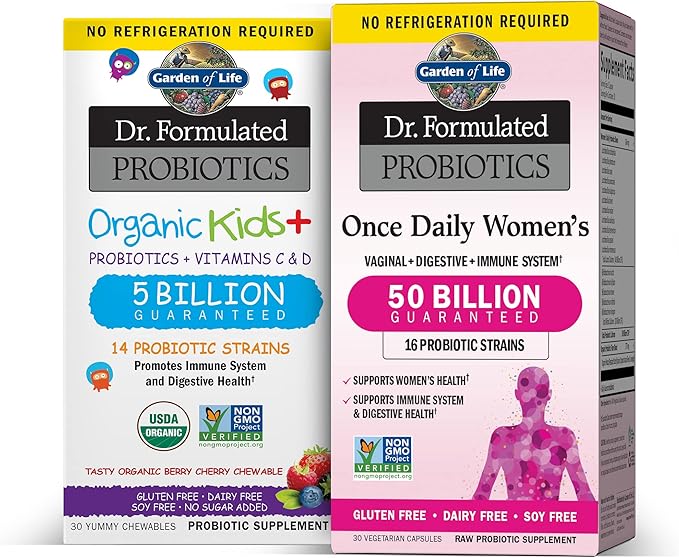 Garden of Life Children &amp Women Probiotic Bundle: Dr. Formulated Kids+ Berry Cherry Probiotics 5 Billion CFU – 30 Chewables + Once Daily Women’s Probiotics 50 Billion CFU - 30 Capsules Shelf Stab