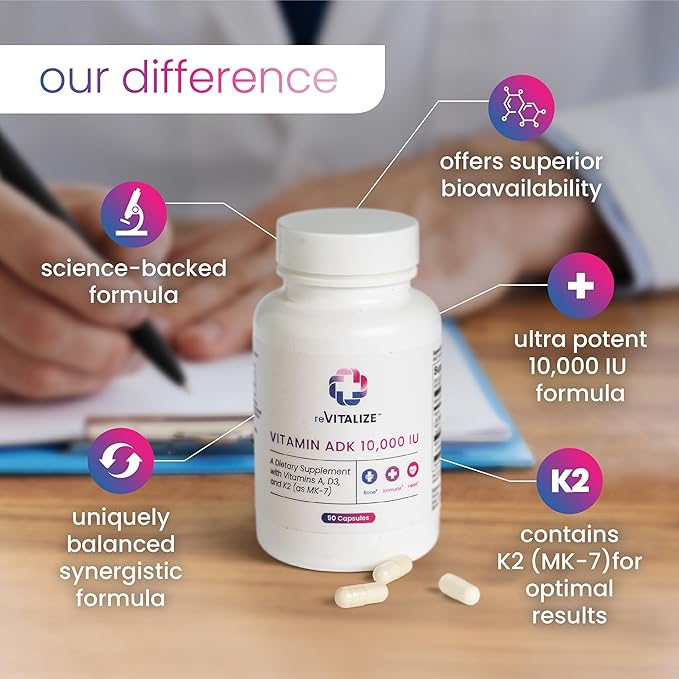 REVITALIZE ADK Vitamin Supplement 10000 IU - 90 Servings High Potency Vitamin A D3 &amp K2 (MK-7) for Bone Strength | Supports Heart Health and Immune Function - Convenient Capsule Form