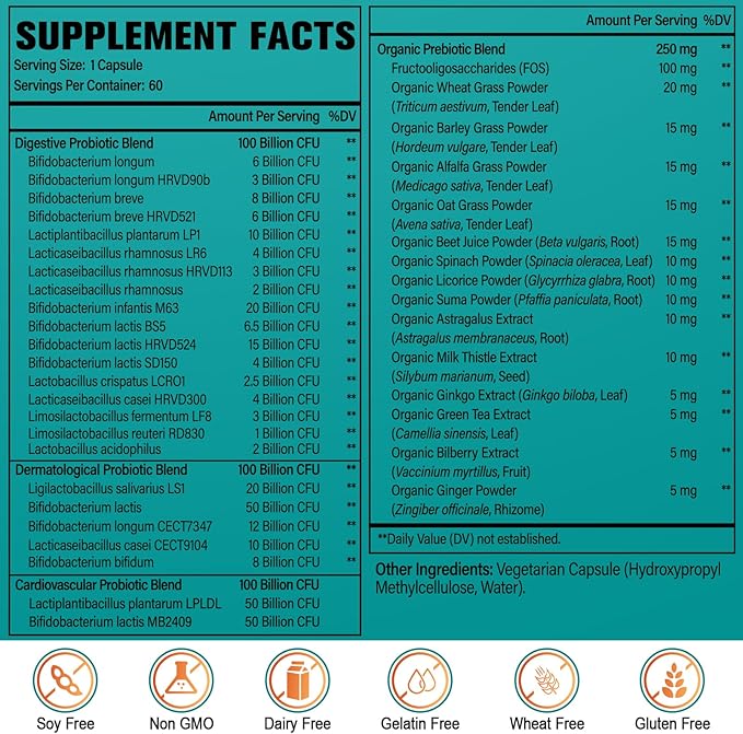 Probiotics for Women &amp Men - 300 Billion CFU 24 Strains Probiotic + 15 Organic Herbs Prebiotics Blend for Overall Digestive Gut Health Immune Constipation &amp Bloating Shelf Stable - 8 Mont