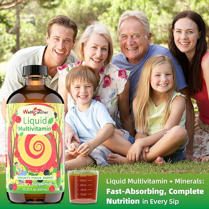 Liquid Multivitamins for Women Men: Daily Multi Vitamins Mineral Supplements for Adults Kids Support Health Immune Focus Energy Hair Growth Bones Liquid Vitamins High Absorption with Measuring Cup