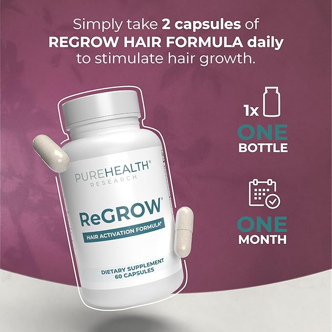 PUREHEALTH RESEARCH ReGrow - Hair Growth Vitamins - with Saw Palmetto Biotin Collagen Zinc Iron Iodine Selenium &amp More - Hair Supplements for Women &amp Men - 60 Capsules
