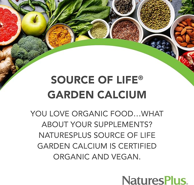 NaturesPlus Source of Life Garden Calcium - 120 Capsules 2 Pack - Calcium Supplement with Magnesium &amp 20 Whole-Food Extracts - USDA Certified Organic Non-GMO Vegan Gluten Free - 60 Total Servi