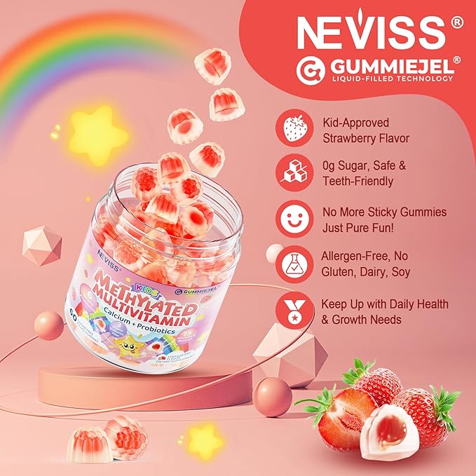 Kids Multivitamin Gummies + Calcium Probiotics Vitamin D3 C Methylated B12 &amp Methylfolate B6 A K2 E Zinc Prebiotics for Children Ages 4+ Clean &amp Sugar Free for Nutritional Support