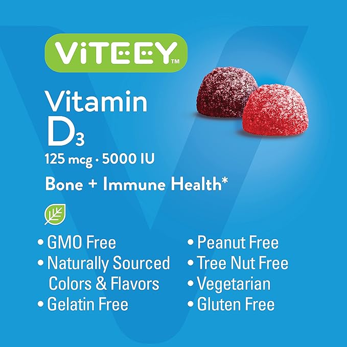 Viteey Vitamin D3 Gummies for Adults &amp Teens - 5000 IU 125mcg Ultra Strength - Joint &amp Muscle Health Immune Boost - Chewable Vitamin D Gummies - Vegetarian Gelatin Free - Tasty Berry Flav