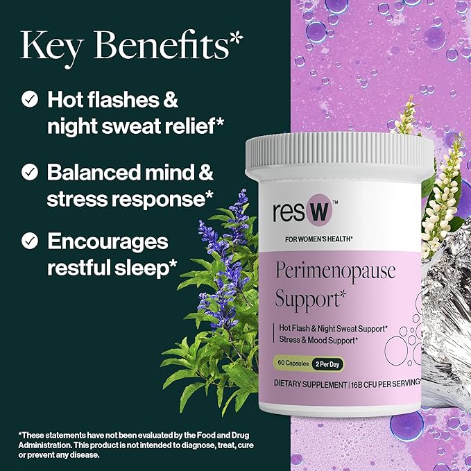 resW Perimenopause Postbiotic Supplement for Women - Hot Flash Support Night Sweat Relief Hormone Free Vegan Gluten Free Non GMO Plant Based Gut Health Support - 60 Capsules