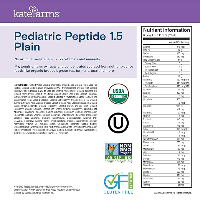 KATE FARMS Organic Pediatric Peptide 1.5 Formula Plain Sole-Source Hydrolyzed Plant-Based Nutrition for Oral or Tube Feeding 8.45 oz (12 Pack)