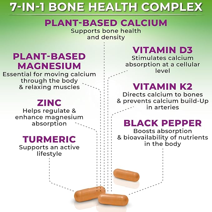 Plant-Based Calcium 600mg (Aquamin) – Vegan Calcium Magnesium Zinc D3 with Vitamin K2 &amp Organic Turmeric – Enhanced Bone and Muscle Health &amp Strength Immune Support for Women &amp Men - 90 C