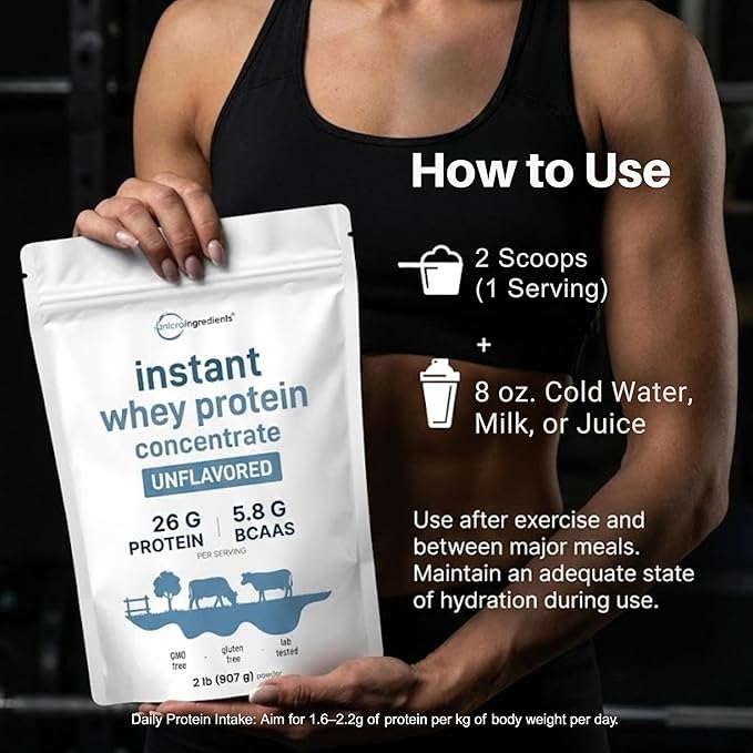 Instant Whey Protein Powder Concentrate 2lbs | Unflavored with Fast Absorption | 26g Protein Per Serving + 5.8g BCAAs | Great for Bars Shakes Smoothies Snacks or Coffee | Non-GMO Soy Free