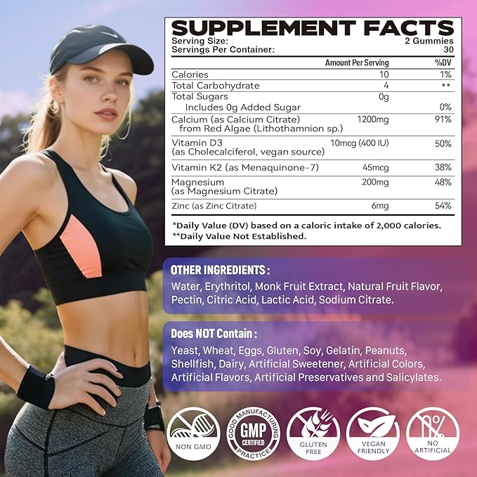 Calcium Citrate 1200mg with Vitamin D3 Gummies Chewable Algae Calcium Supplements for Women &amp Men Bone Muscle &amp Immune Support with Vitamin K2 Magnesium &amp Zinc Citrate Mango Flavor