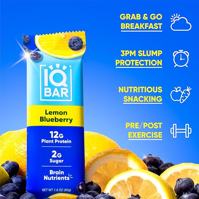 IQBAR Clean Plant Protein Bars - Lemon Blueberry - 12 Count - Keto Vegan High Fiber Gluten and Dairy Free Low Sugar Snack - Brain and Body Nutrients for Focus Energy Meal Replacement