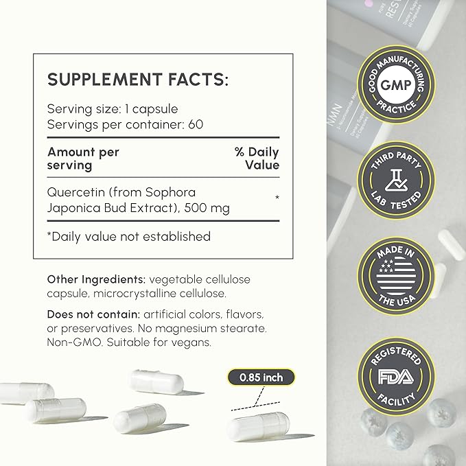 Quercetin 500mg Capsules - High Potency Quercetin Supplement for Immune Support &amp Cardiovascular Health - Bioavailable Antioxidant Bioflavonoid - 60 Veggie Capsules