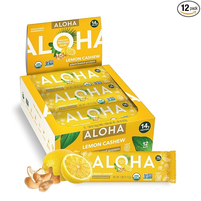 ALOHA Organic Plant Based Protein Bars - Lemon Cashew - 12-Count - Vegan Low Sugar Gluten-Free Paleo Low Carb Non-GMO No Stevia &amp No Erythritol