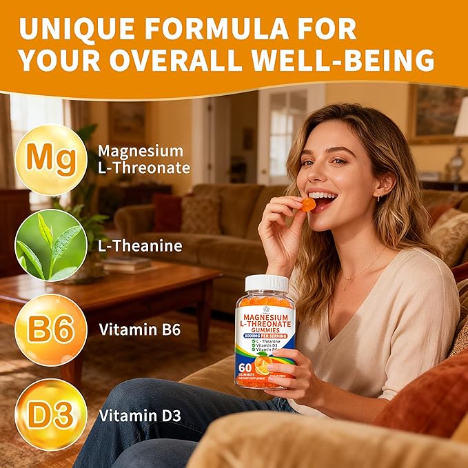 (2 Pack) Magnesium L-threonate Gummies 1000mg for Kids &amp Adults High Absorption Magnesium Threonate with L - Theanine Vitamin D3 &amp B6 for Muscle Nervous System Sugar-Free Orange Flavor