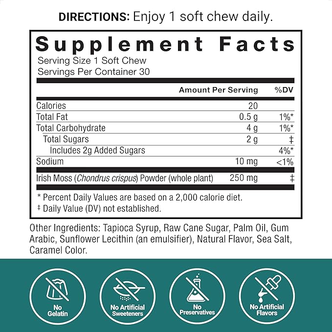 Force Factor Sea Moss Soft Chews Support Immunity Digestion and Heart Health Irish Sea Moss Superfood &amp Antioxidants Supplement Non-GMO Gluten-Free Salted Caramel Flavor 90 Soft Chews 3-P