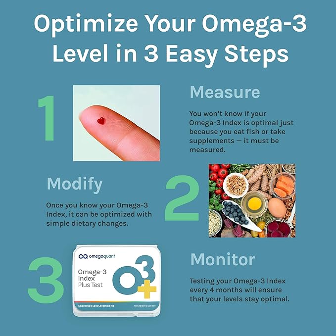 Omega Quant Omega-3 Index Plus Test Kit - Measures Blood Levels of Omega-3 Trans Fats and Omega-6:Omega-3 Ratios | The Original Omega-3 Blood Test Home Kit