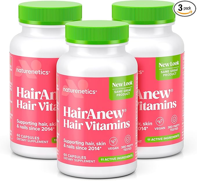 HairAnew Hair Growth Vitamins for Thicker Stronger Hair | Works for Women &amp Men All Hair Types | 11 Hair Vitamins &amp Ingredients | 5000mcg Biotin | Vegan | Independently Tested | 60 Capsules (3