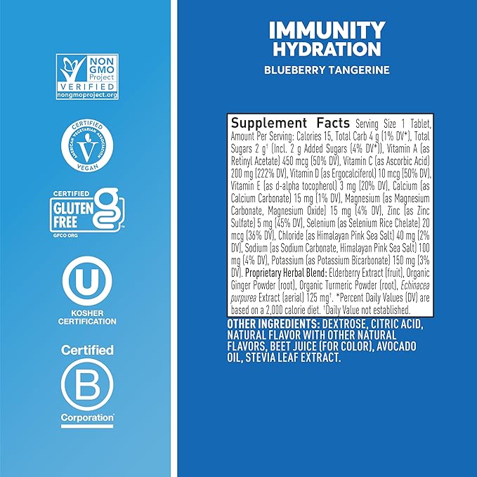 Nuun Immunity Electrolyte Tablets with Vitamin D C E &amp A Ginger Elderberry Magnesium &amp 4 Other Essential Electrolytes Vegan Blueberry Tangerine 8 Pack (80 Servings Total)