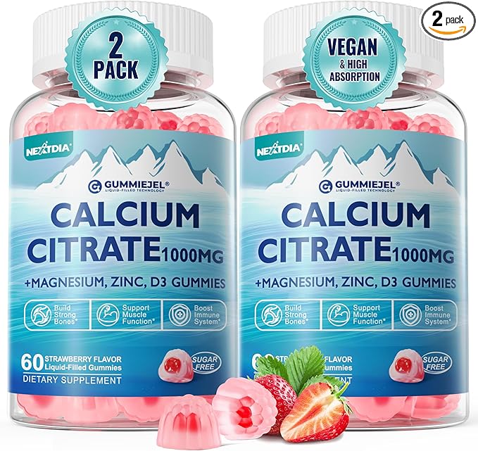 Calcium Citrate 1000mg Calcium Gummies with Calcium &amp Magnesium 2:1 Ratio Plus Vitamin D3 Zinc B6 &amp Potassium – High Absorbable Calcium Chewable Bone &amp Muscle Support Vegan Sugar-Fr