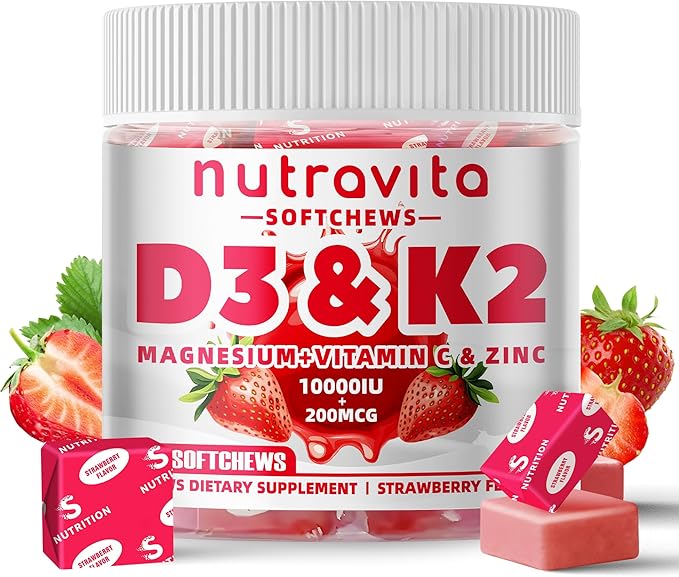 Nutravita Sugar-Free Vitamin D3 K2 Chews with Calcium + K2 (MK-7) Magnesium Citrate Vitamin C Extra Strength - Ultimate Absorption for Bone Muscle Teeth ImmuneVegan - 60 Count-Strawberry Flavor.