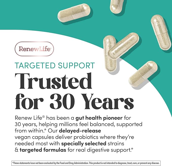 Renew Life Ultimate Flora Debloat Probiotic | 30 Delayed Release Vegan Capsules | with Potent Digestive Enzymes B12 &amp Chromium | Free of Gluten Dairy and Soy