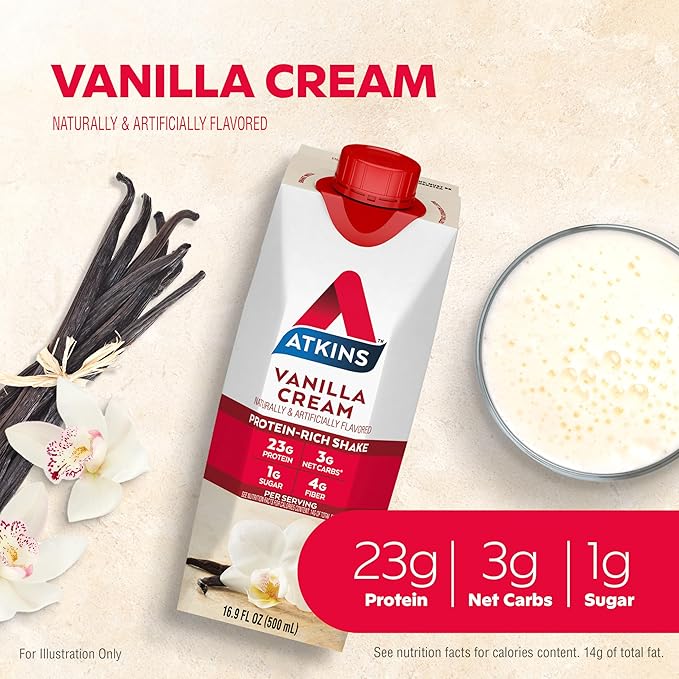 Atkins Vanilla Cream Meal Size Protein Shake 23g Protein Low Glycemic 3g Carb 1g Sugar &amp Energy Shake Creamy Caramel with B Vitamins and Protein. Keto-Friendly and Gluten Free 4 Count(Pack of
