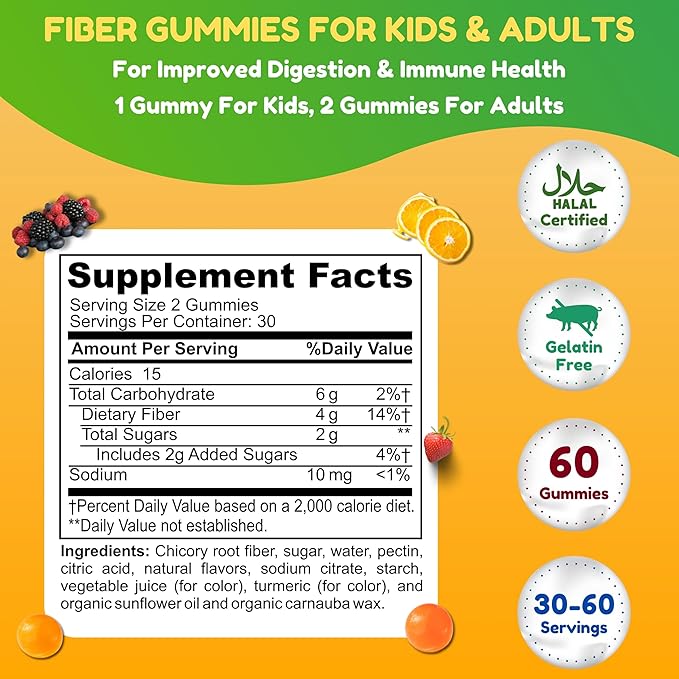 SHIFAA NUTRITION Halal &amp Gluten Free Fiber Gummies for Kids &amp Adults | 4g 30-60 Servings | 60 Gummies | Improves Digestive Health Immunity &amp Gut Health | Vegan Prebiotic | Non-GMO Gelat