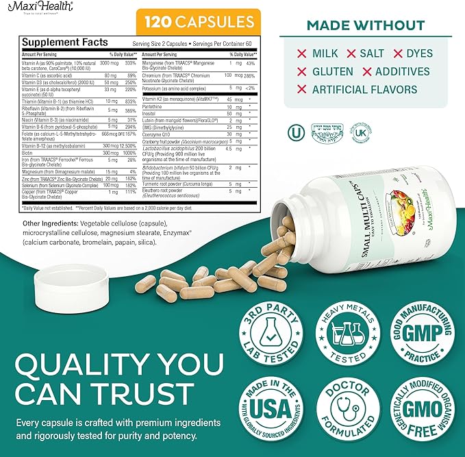 Maxi Health Multivitamin – Easy to Swallow Multi Vitamin Capsules with 30 Nutrients Iron &amp Probiotics – Kosher Daily Multivitamins Small Capsules for Wellness Support &amp Digestive Ease (120 Un