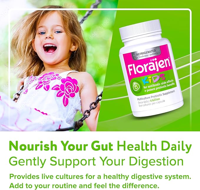 Florajen Kids Probiotic - Daily Gut &amp Immune Support for Children 6+ Months - Constipation Bloating &amp Digestive Relief - Refrigerated for Freshness &amp Potency - 30 Capsules