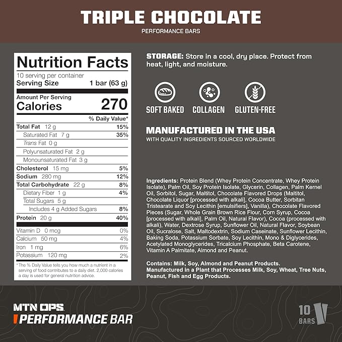 MTN OPS Triple Chocolate Mudslide Protein Bars High Protein with Whey Isolate &amp Whey Concentrate and Collagen Low Sugar Gluten Free 10 Count
