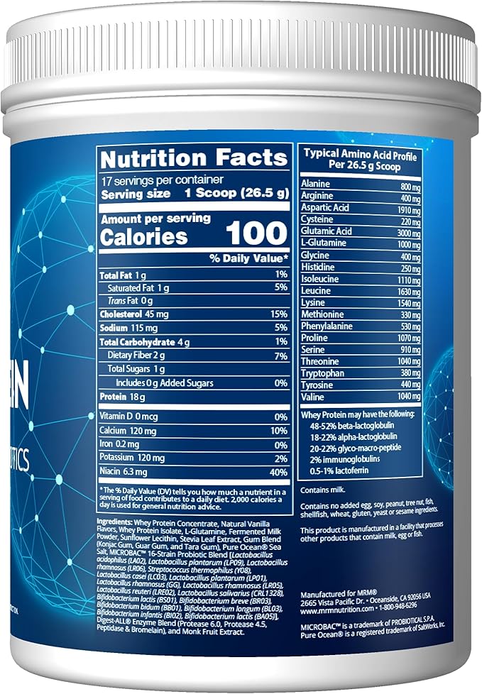 MRM Nutrition Whey Protein - Vanilla Flavored Microfiltered Whey Protein Isolate &amp Concentrate 16 Different Probiotic Strains BCAAs &amp Digestive Enzymes Gluten Free for Women &amp Men -