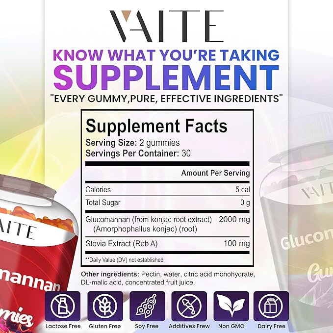 Glucomannan Gummies 2000mg – Amorphophallus Konjac Root Extract – Plant-Based Daily Fiber Support – Vegan Soluble Fiber Supplement – Gluten-Free Soy-Free – 60 Gummies – Easy to Chew