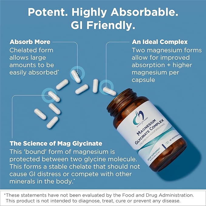 Designs for Health Magnesium Glycinate Complex - Chelated Magnesium Bisglycinate + High Absorption Magnesium for Calming &amp Sleep Heart Health Immune Support &amp Bone Strength - Vegan (120 Caps