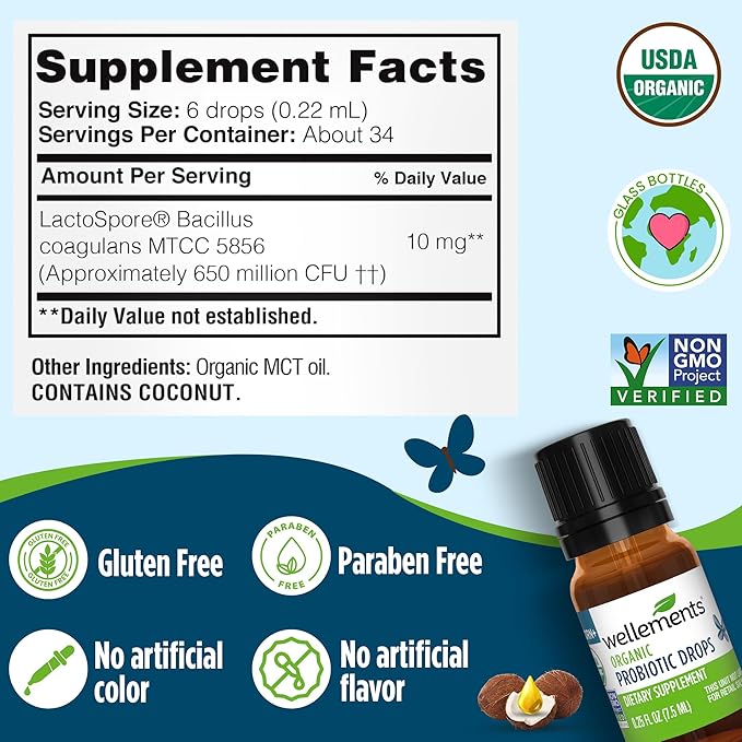 Wellements Organic Baby Probiotic Drops (0.25 Fl Oz) - Digestive &amp Immune Support for Infants - Toddler Probiotic Helps with Newborn+ Gut Health Gas Constipation &amp Colic Support - Preservati