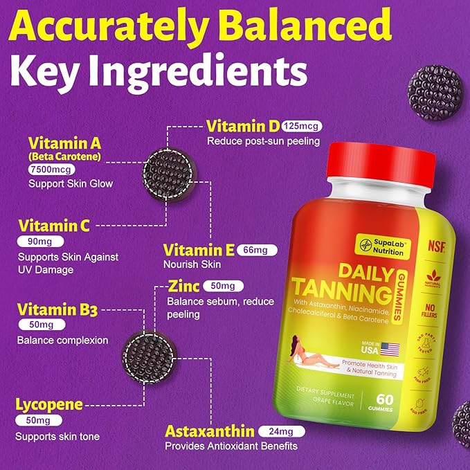 Tanning Gummies for Women Men - Natural Self Tanner Supplement with Astaxanthin Beta Carotene Lycopene Zinc Citrate &amp Vitamins Sunless Tan Booster Skin Hydration &amp Glow (Purple)