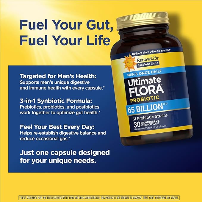 Renew Life Ultimate Flora Probiotics for Men 65 Billion CFU Delayed Release Vegan Capsules | Digestive Health | Immune Health | Dairy Free | 30 Count
