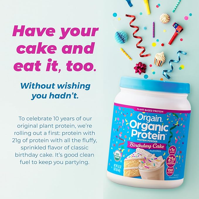 Orgain Organic Vegan Protein Powder Birthday Cake - 21g Plant Based Protein 7g Prebiotic Fiber Low Net Carb No Lactose Ingredients No Added Sugar Non-GMO for Shakes &amp Smoothies 1.02 lb