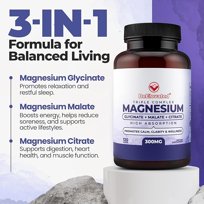 High Absorption Triple Magnesium Complex for Sleep Relaxation &amp Muscle Support – 300mg of Magnesium Glycinate Citrate &amp Malate – Gentle on Stomach – Non-GMO Vegan – 120 Capsules