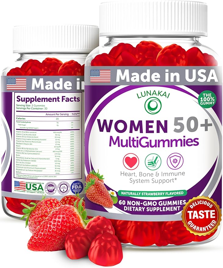 Lunakai USA Made 50 Plus Women's Multivitamin Gummies - Delicious Formula Enhanced with Essential Vitamins &amp Minerals for Health &amp Vitality - 60ct
