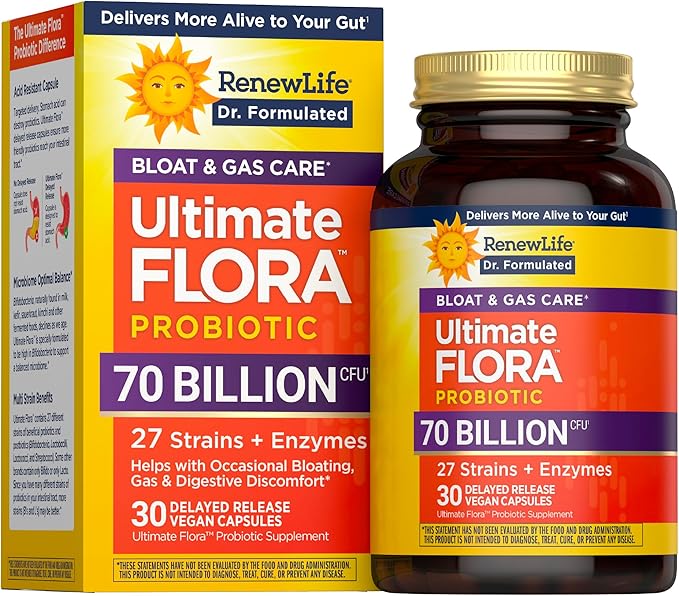 Renew Life Ultimate Flora Probiotics Bloat &amp Gas Support 70 Billion CFU Delayed Release Vegan Capsules | Doctor Formulated | Digestive Health | Immune Health | Dairy Free | 30 Count