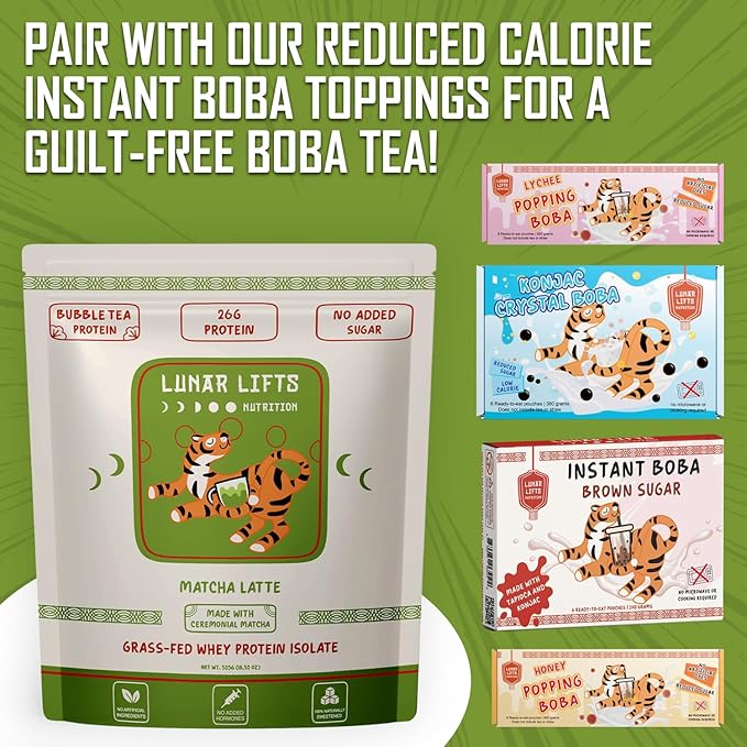 Lunar Lifts Nutrition Matcha Latte - Boba Tea Protein Powder | 26g Whey Protein Isolate Matcha Powder | Ceremonial-Grade Matcha Bubble Tea Protein Powder | No Added Sugar &amp Artificial Ingredients