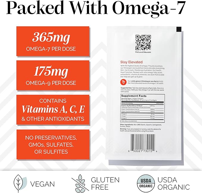 sibu Sea Buckthorn Omega-7 Softgels (30-Day Refill Sachet) – Supplement for Healthy Skin Hair Nails and Dryness