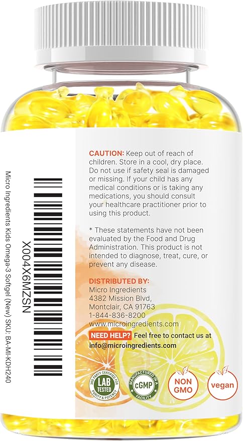 Micro Ingredients Kids Omega-3 Fish Oil 240 Veggie Softgels | Vegan Omega 3 with 200mg DHA | Lemon Flavored | Fish Oil Alternative from Algae Oil | No Fishy Smell or Aftertaste